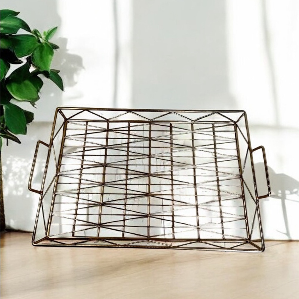 Brass Gold Tone Tabletop Diamond Pattern Tray Handles 19 X 13